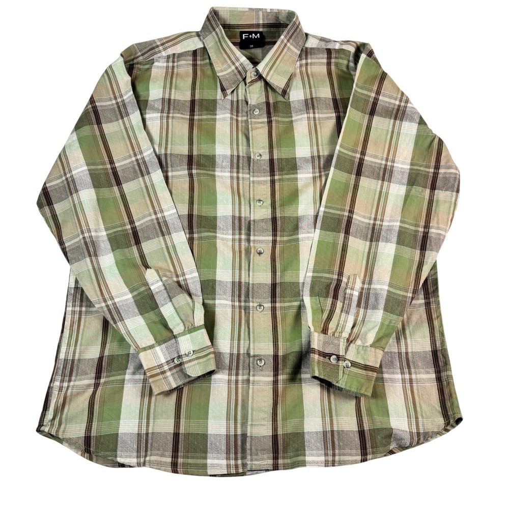 F+M Mens‎ 3X Plaid Button Down Shirt Green Brown Long Sleeve Textured 3XL
